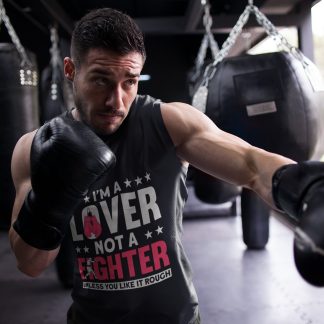 Lover Not Fighter Pink boxing vest in black, shadowboxing shot