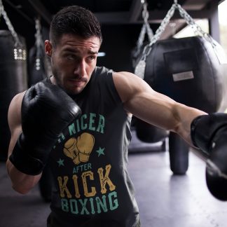 I'm Nicer After Kick boxing vest in black, shadowboxing shot