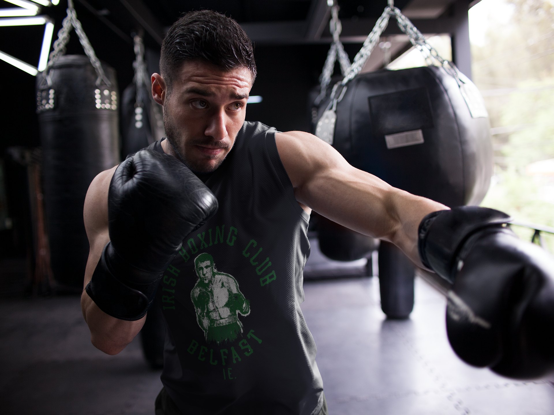 Irish Boxing Club boxing vest in black, shadowboxing shot