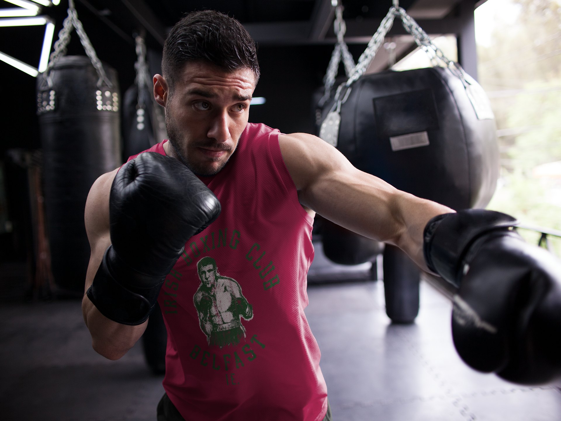 Irish Boxing Club boxing vest in burgundy, shadowboxing shot
