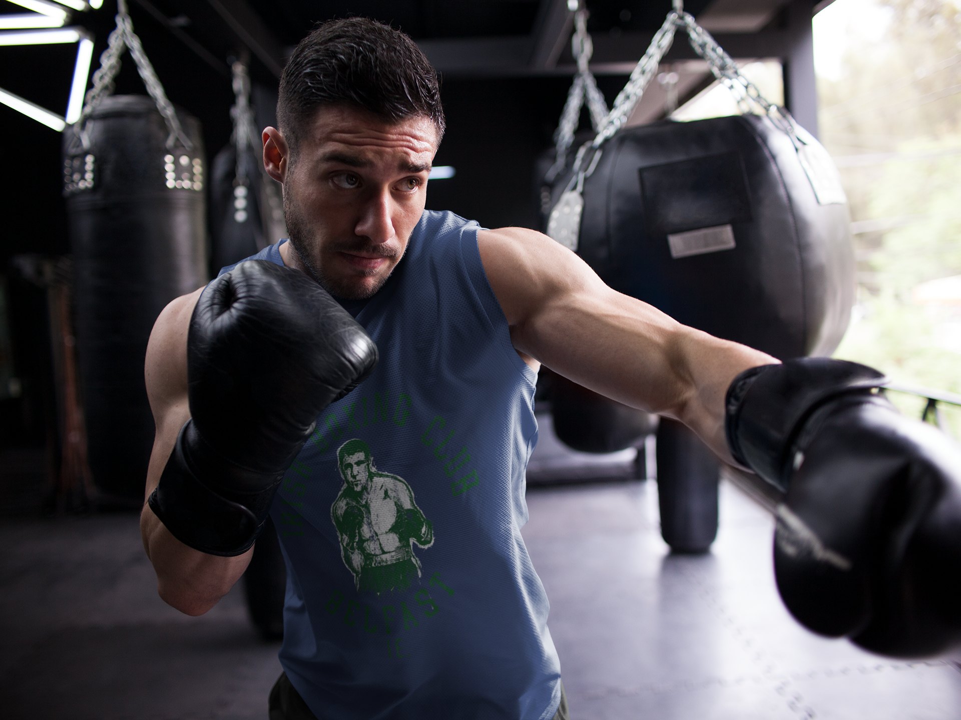 Irish Boxing Club boxing vest in navy, shadowboxing shot