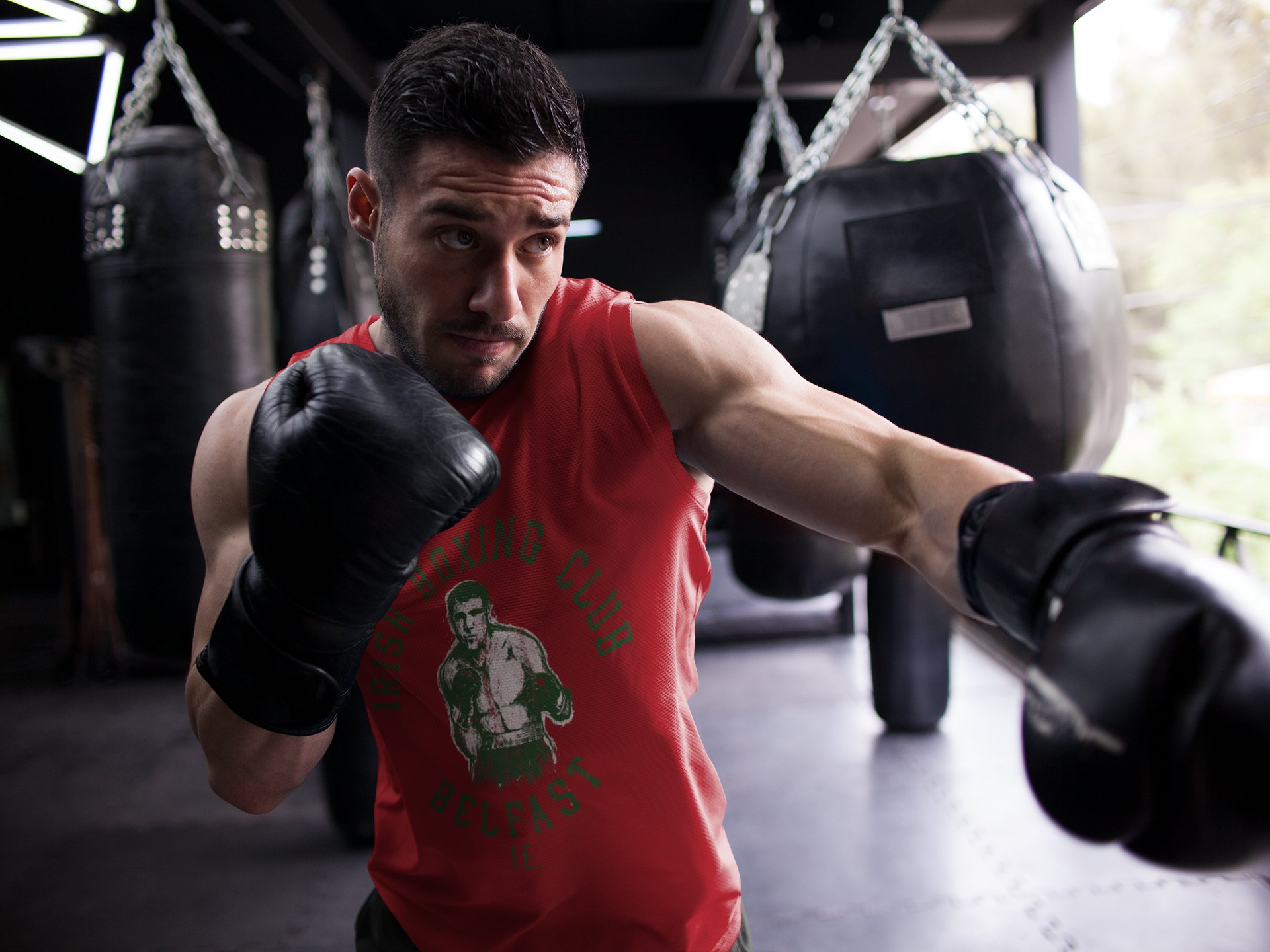 Irish Boxing Club boxing vest in red, shadowboxing shot