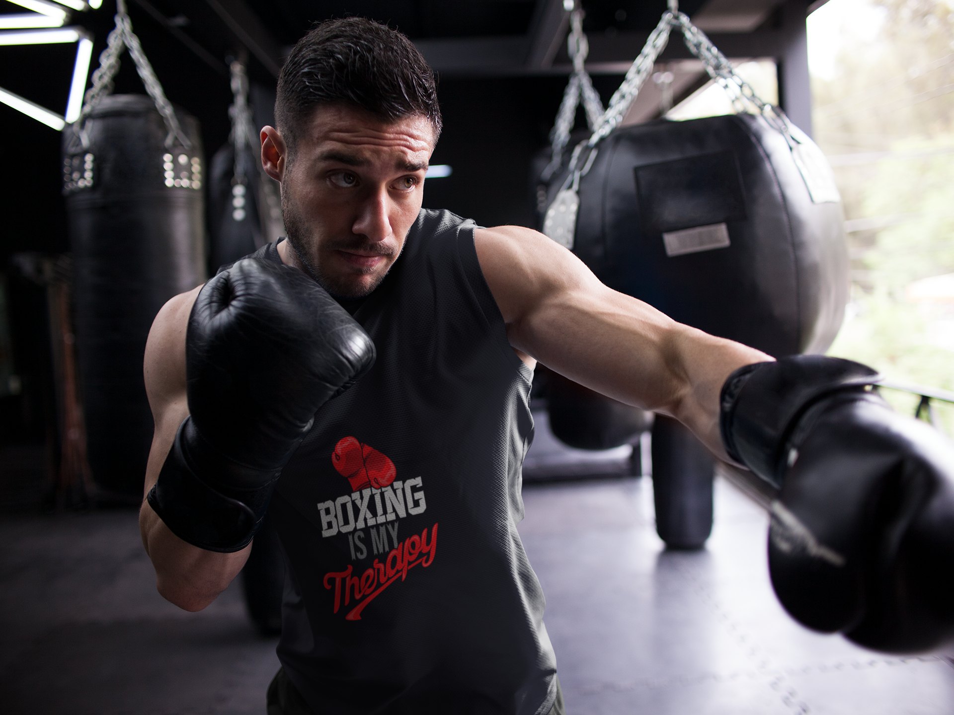 Boxing Is My Passion boxing vest in black, shadowboxing shot
