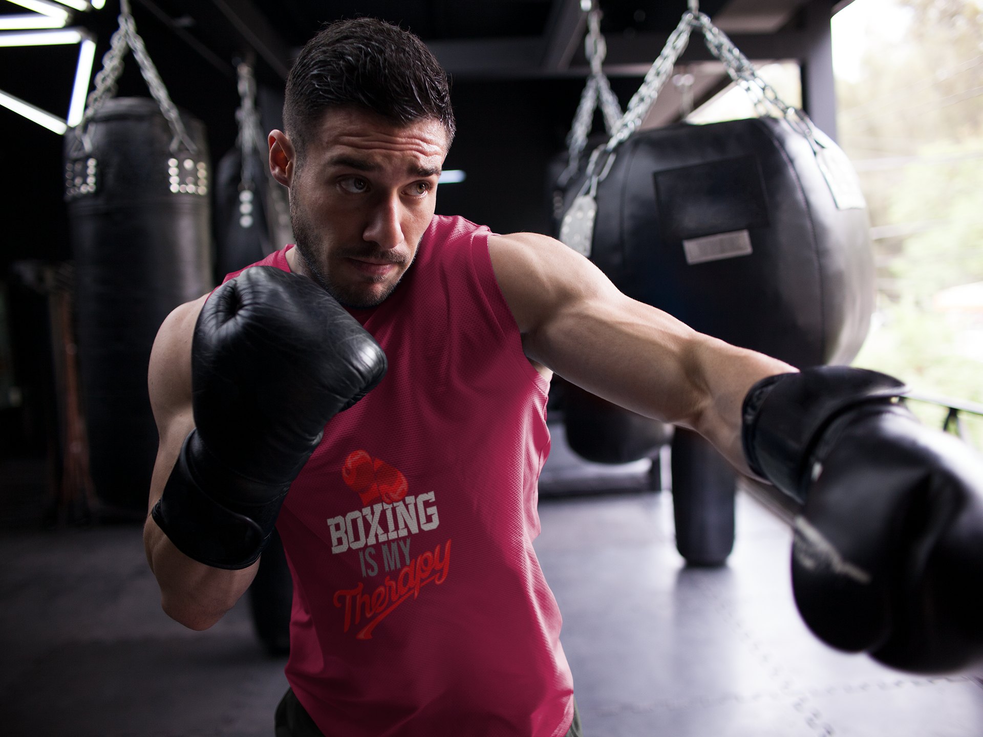 Boxing Is My Passion boxing vest in burgundy, shadowboxing shot