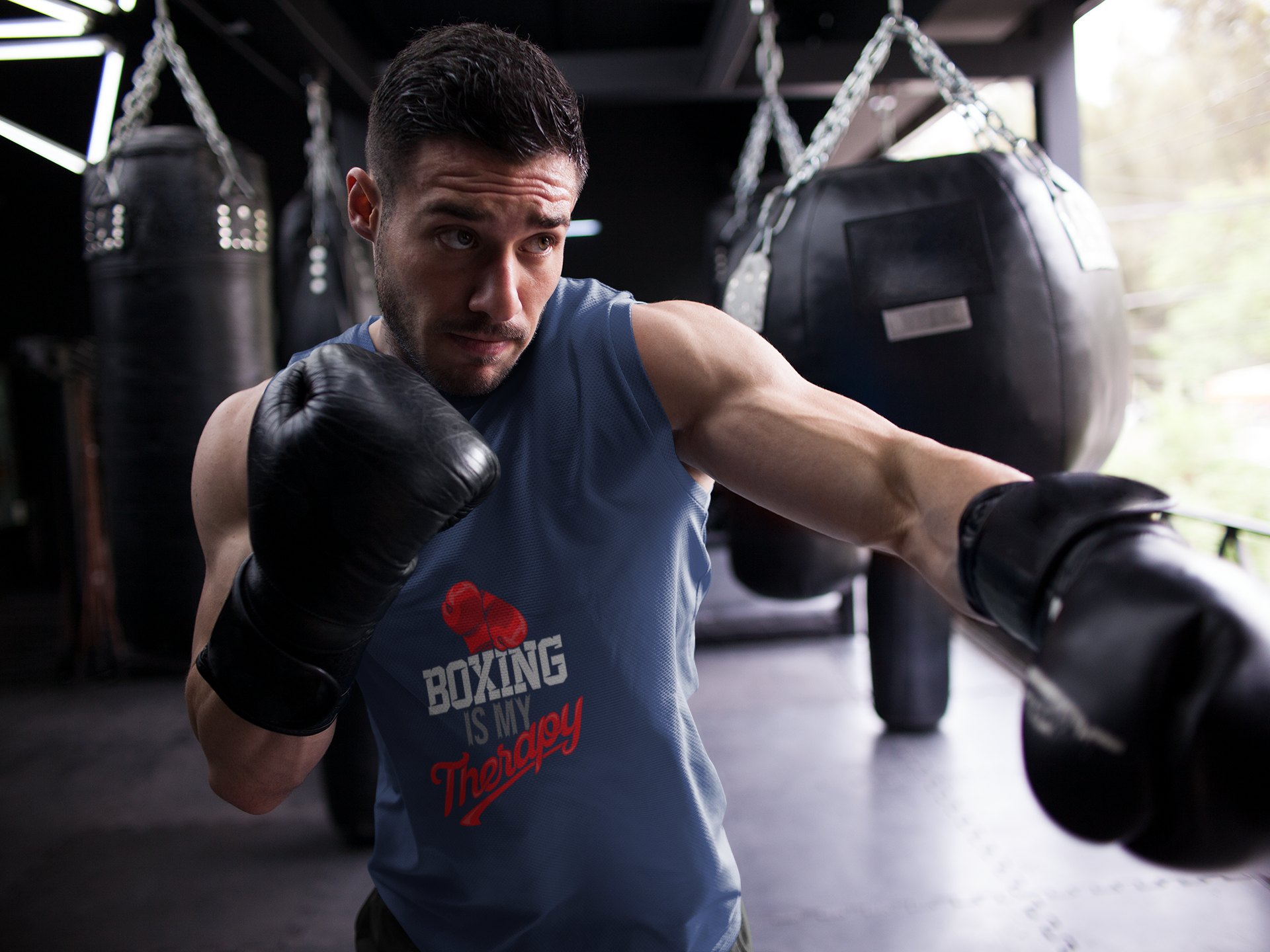 Boxing Is My Passion boxing vest in navy, shadowboxing shot