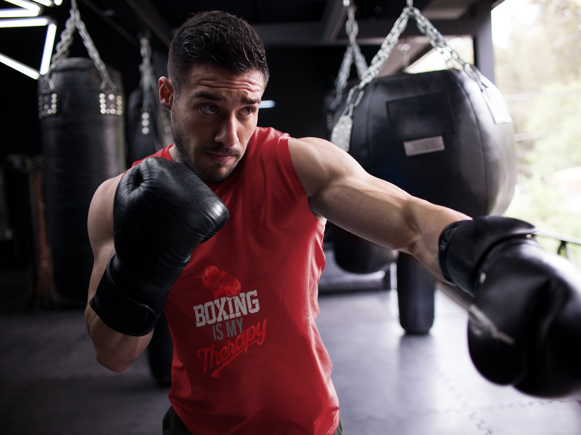 Boxing Is My Passion boxing vest in red, shadowboxing shot